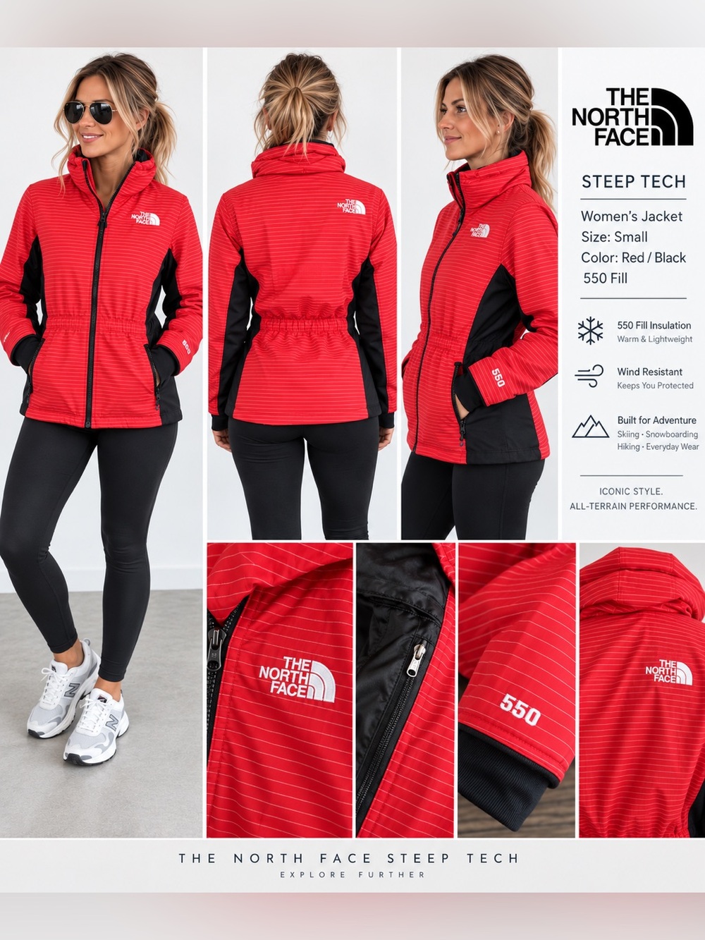 The North Face Steep Tech 550 Womens Striped Jacket Red & Black Size Small- like